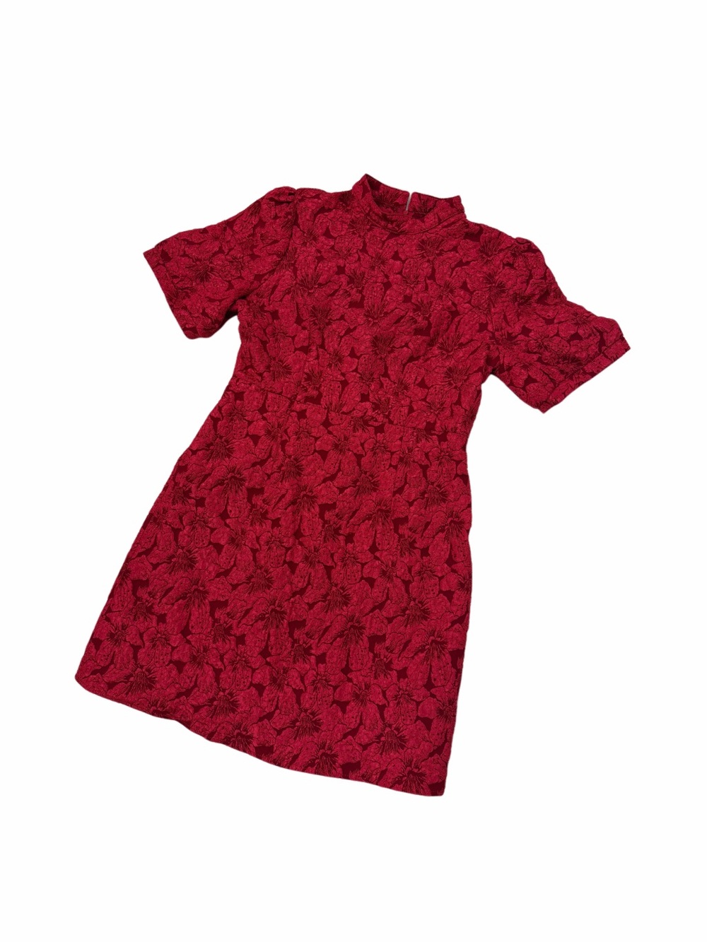SHEIN Red Textured Floral Mock-Neck Short Sleeve Dress